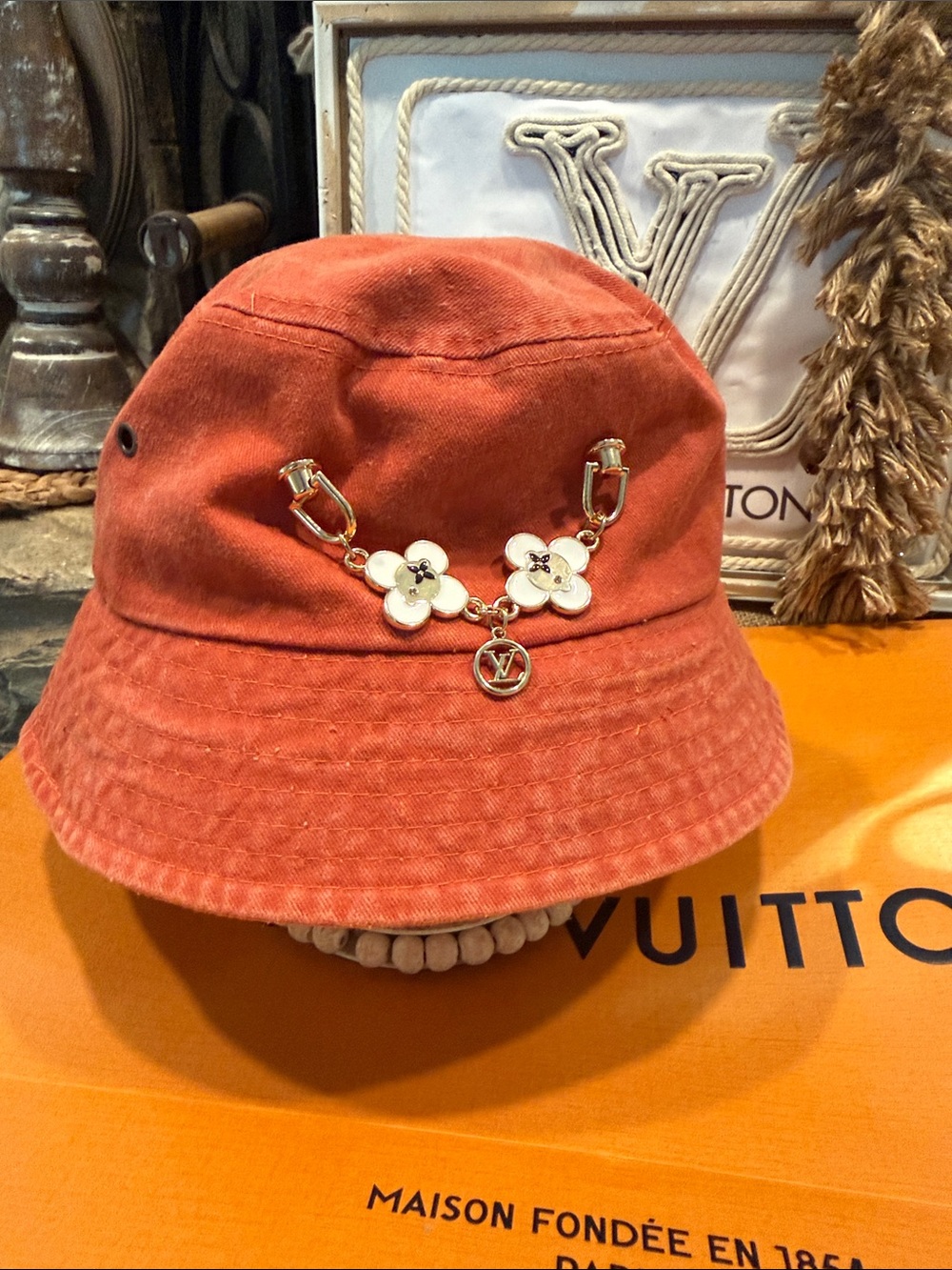 Handcrafted Coral Bucket Hat with Floral Chain Charm